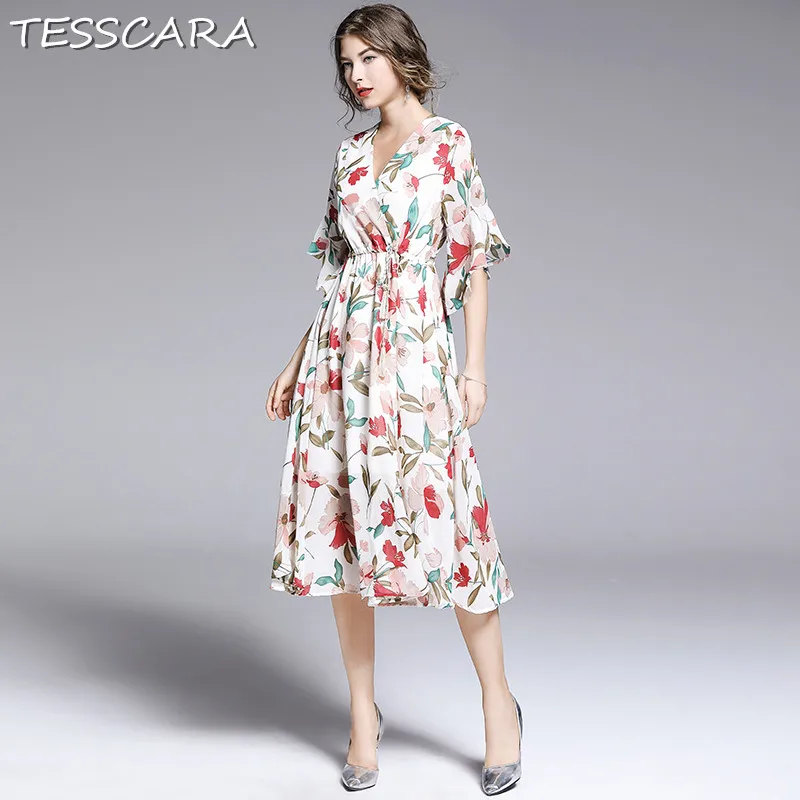TESSCARA, женское летнее шифоновое платье с цветочным рисунком, праздничное, женское, высокое качество, для офиса, вечерние, женское, элегантное, с v-образным вырезом, дизайнерское, Vestidos