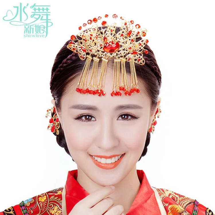 Bridal wedding jewelry classical step shake red fringed hair lighter plug extravagant costume princess jade hairpin accesso | Украшения и