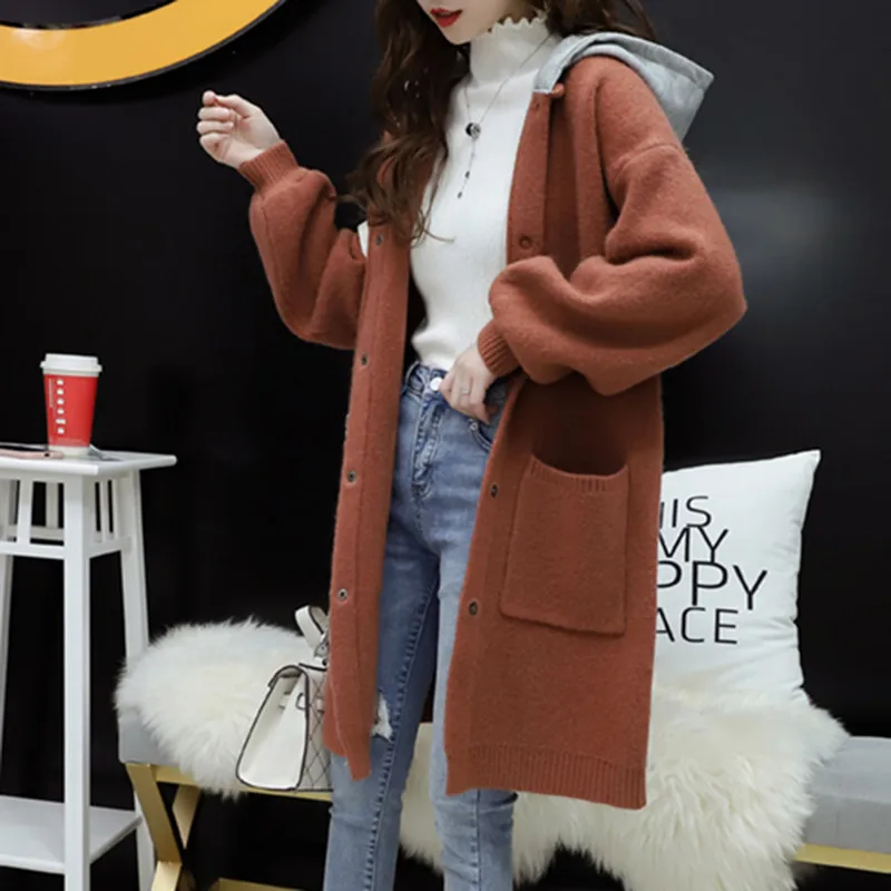 Autumn Winter Hooded Long Sweater Cardigan Women 2019 Fashion Lantern Sleeve Pocket Jacket Elegant Blue Caramel Colour Outerwear |