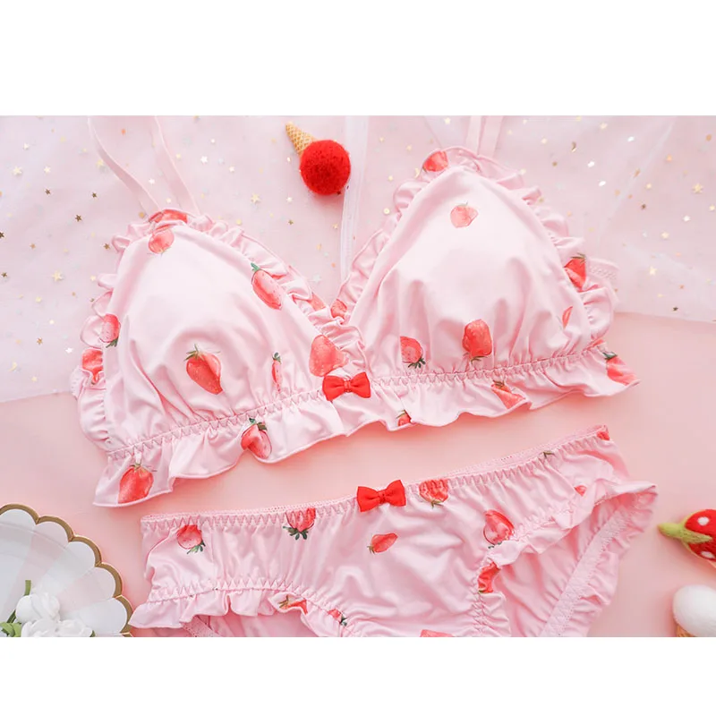 Kawaii сладкий Лолита женские клубничный принт t бюстгальтер и трусики комплект нижнего белья Лук рюшами дизайн японский бикини трусики нижнее белье