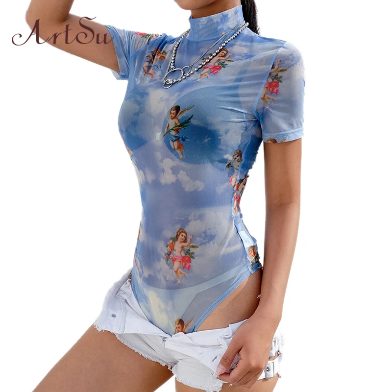 ArtSu женский сексуальный комбинезон прозрачный с принтом ангела уличная одежда