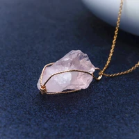 1pc handmade twining irregular natural stone pendant purple crystal pink quartz crystal pendant necklace for women