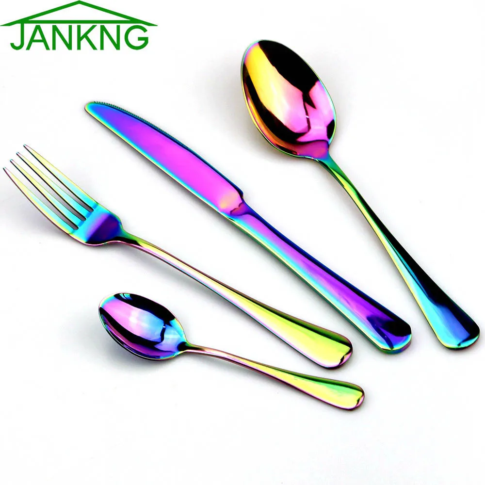 JANKNG 4 шт./компл. Нержавеющая сталь столовый набор черный цвет радуги розовые золотые столовые приборы ужин западные столовые приборы кухонные принадлежности - Цвет: Rainbow