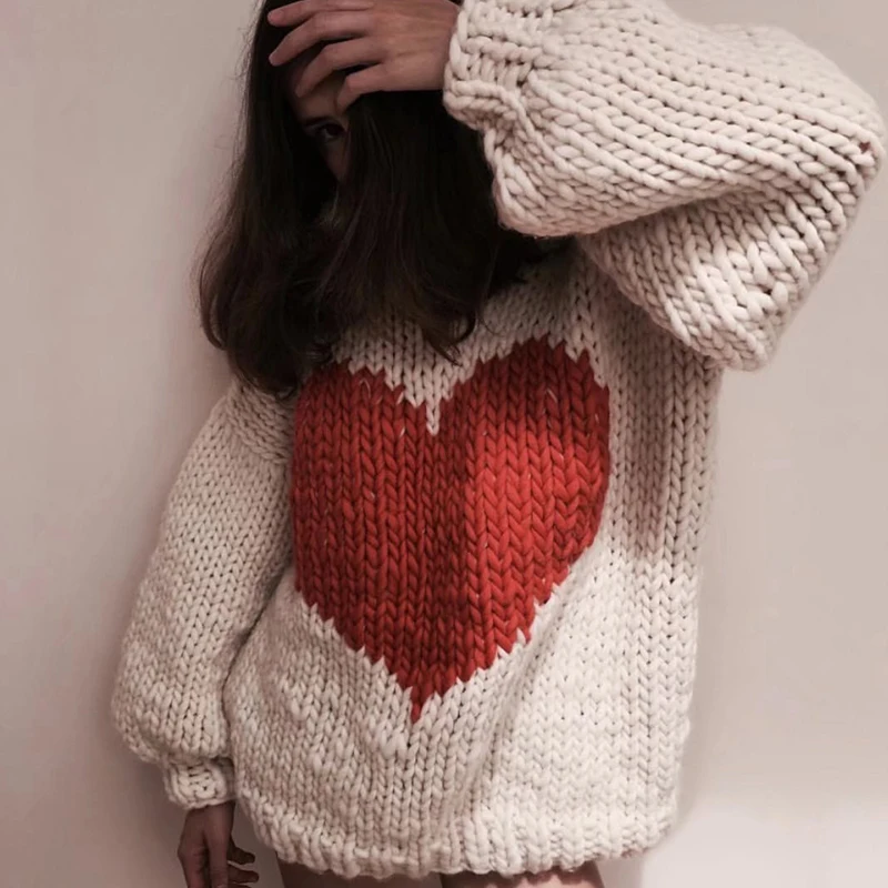 Heart Printed Women Mohair Sweaters 2018 Brand Streetwear Oversized Batwing Sleeve Knitted Pullovers Femme Knitwear cws0061-5 | Женская