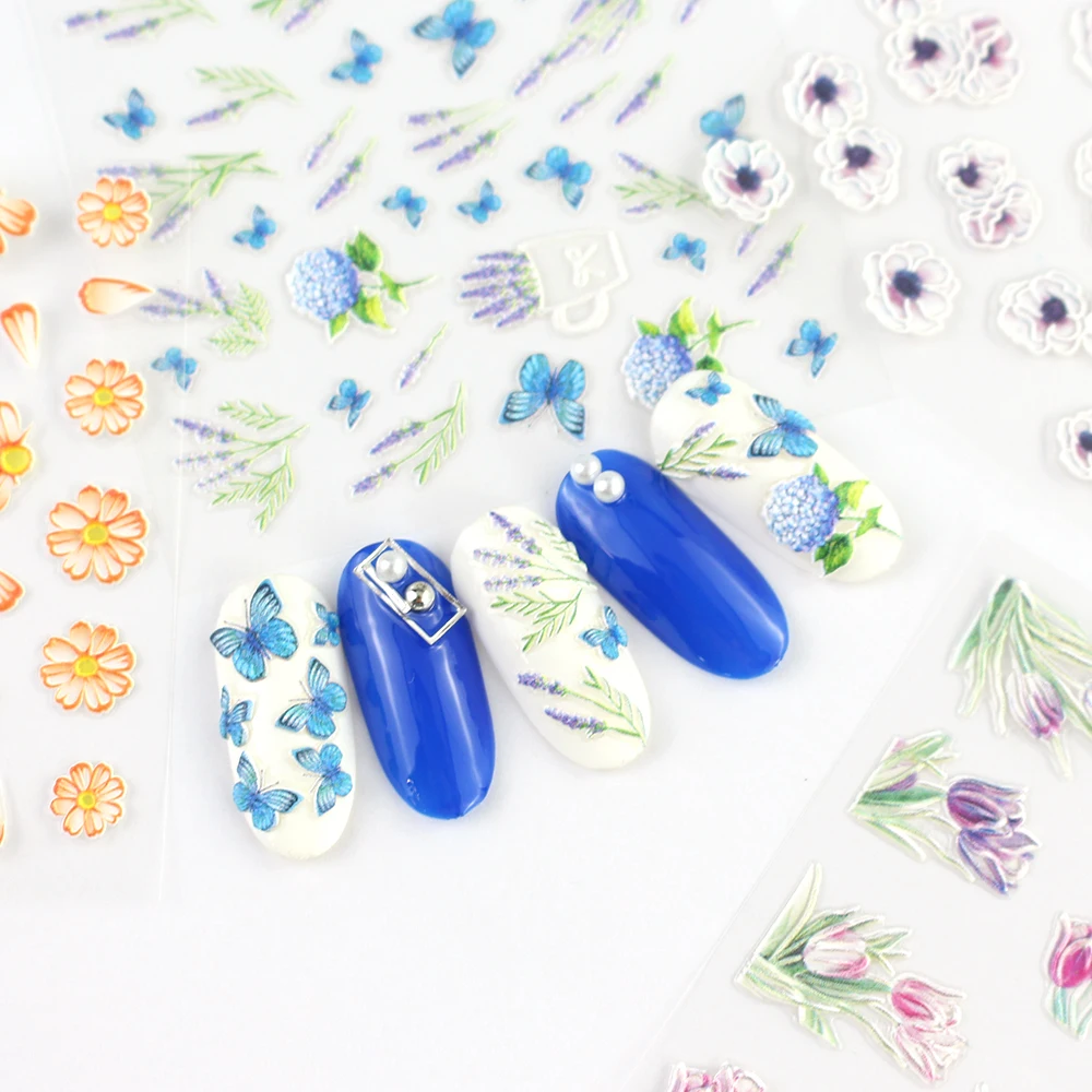 20 типов 5D акриловые гравировочные наклейки для ногтей красочные белые цветочные