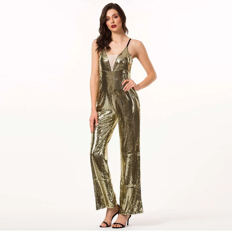 Новейший Модный комбинезон с золотыми блестками, Повседневный, с v-образным вырезом, прямые, широкие, роскошные комбинезоны с женскими шикарными длинными рукавами, пальто - Цвет: Золотой