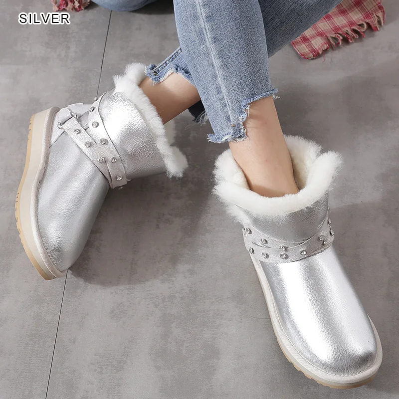 Silver INOE/Модные женские зимние ботильоны из овечьей кожи; короткие зимние ботинки на натуральном меху; Водонепроницаемая Обувь - Цвет: Silver