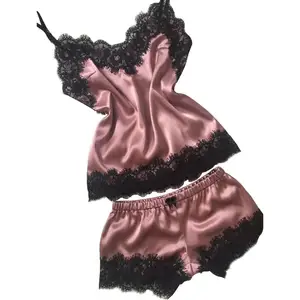 Новинка 2020, сексуальное ночное белье, Атласный пижамный комплект с бантом, кружевная Пижама с v-образным вырезом, без рукавов, милый топ на бретельках и шорты, пижамы для женщин