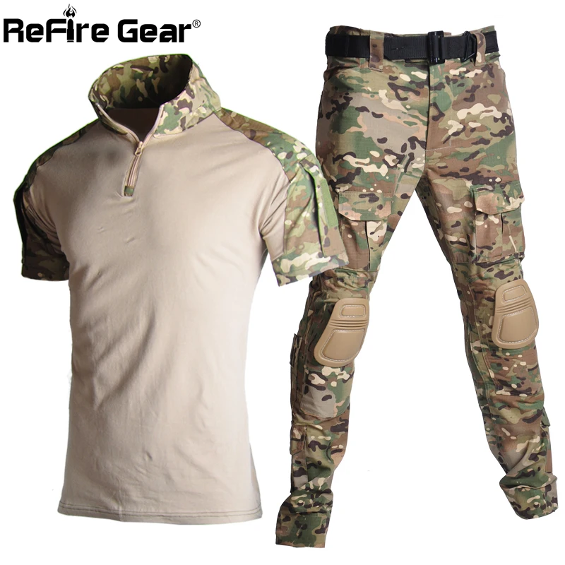 Refire gear Мужская Мультикам тактическая Униформа одежда RU US армейская Военная футболка+ брюки карго страйкбол с наколенниками комплект одежды