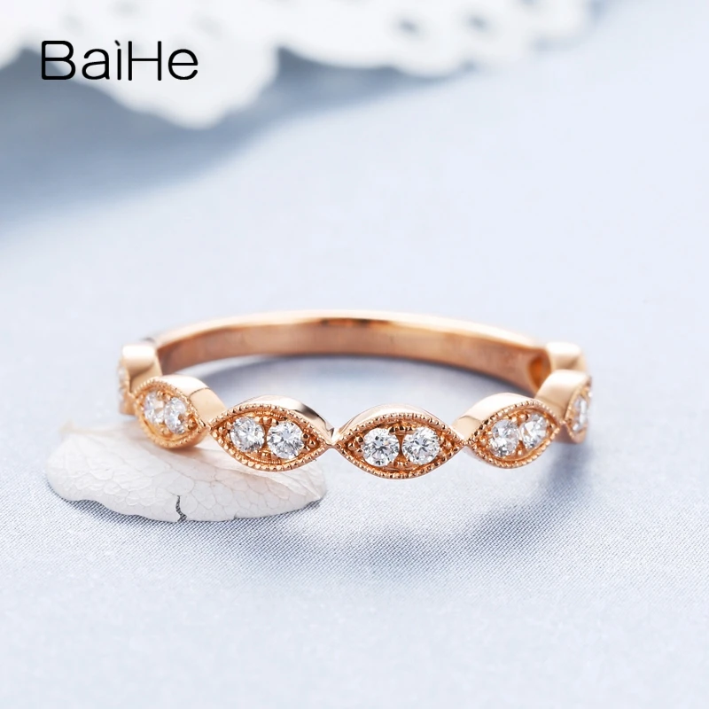 BAIHE, 14 к, розовое золото, 0.12ct, сертифицировано H/SI, Круглый, с натуральными бриллиантами, обручальное кольцо для женщин, модное, ювелирное изделие, корона, подарок, кольцо