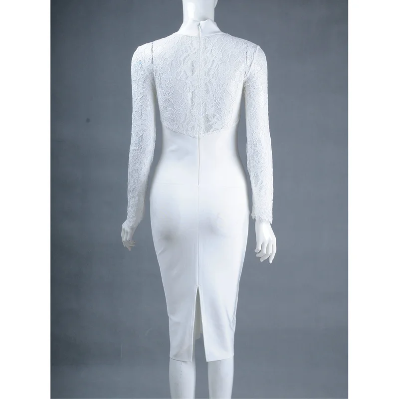 

white long sleeve floral lace turtleneck 2020 women's high quality bodycon knee-length clubware bandage dress