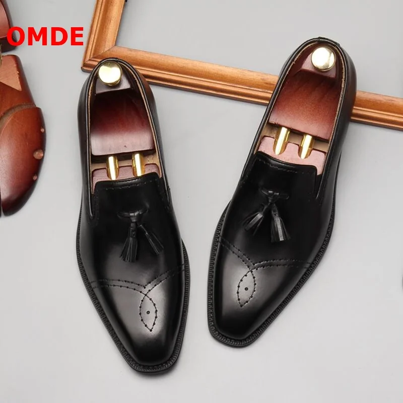 

OMDE Loafers Goodyear Slip On Tassel Shoes Men Genuine Leather Dress Shoes Breathable Men's Party And Wedding Shoes