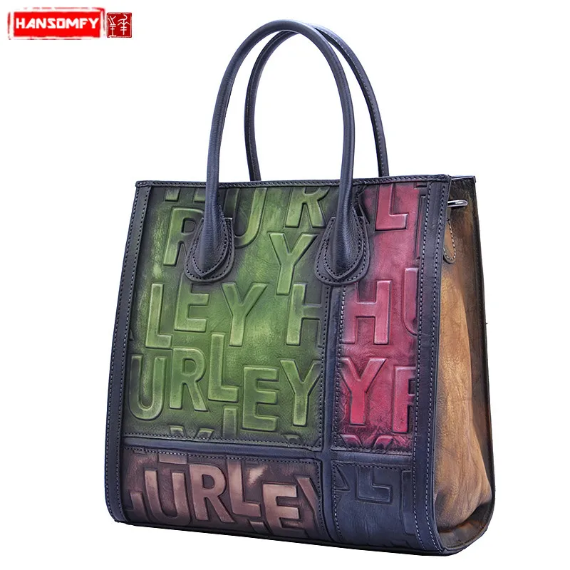 

Women Genuine Leather Handbags New Tide Hit Color Letter Pack Handmade Ladies Cowhide Bag Female Retro Shoulder Messenger Bags