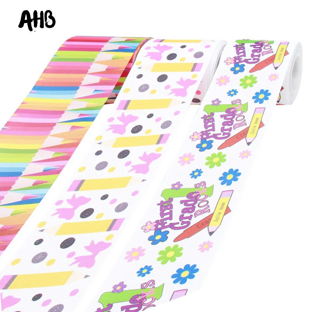 

AHB 2Y Back To School Grosgrain Ribbon 75MM Pencil Printed Ribbon DIY Kids Bows Materials First Grade Decor Handmade Accessories