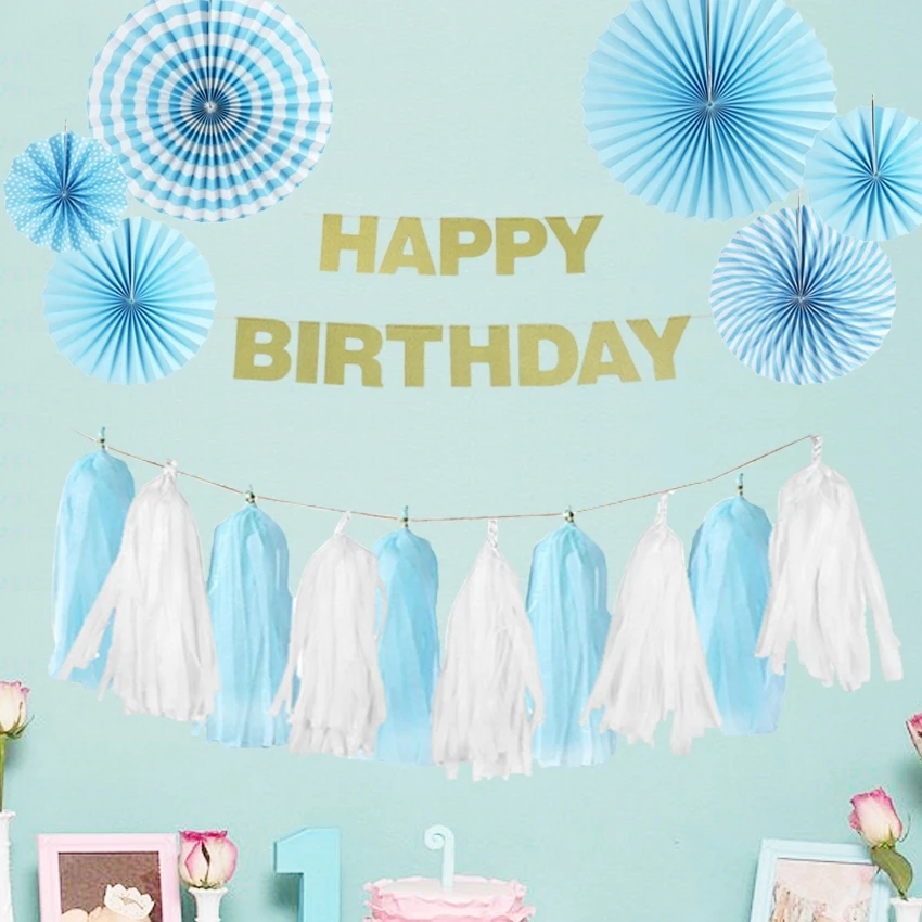 9pcs Blue/Pink Hanging Paper Decoration Kit Fan Rosettes Tassel Garland Banner Birthday for Boy/Girl First Party | Дом и сад