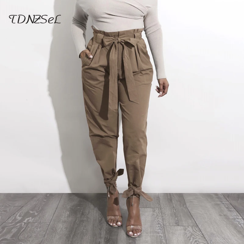 2018 Women Casual Loose High Tie Waist Pencil Pants Sexy Slim Bow Lace Up Long Legging Pant Solid Vintage Bandage Fashion Sashes | Женская