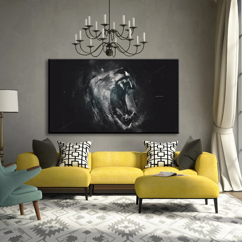 Черно белый лев рев Wall Art принты и Плакаты животных живопись на холсте