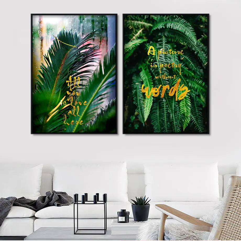 

Green Fresh Palm Leaf Plant Gold Quotes Wall Art Canvas Painting Nordic Posters And Prints Wall Pictures For Living Room Decor