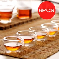 6pcsset double layers wall glass tea cup mini 50ml drinking kung fu cup teacup heat resistant glass tea cups tools saucers