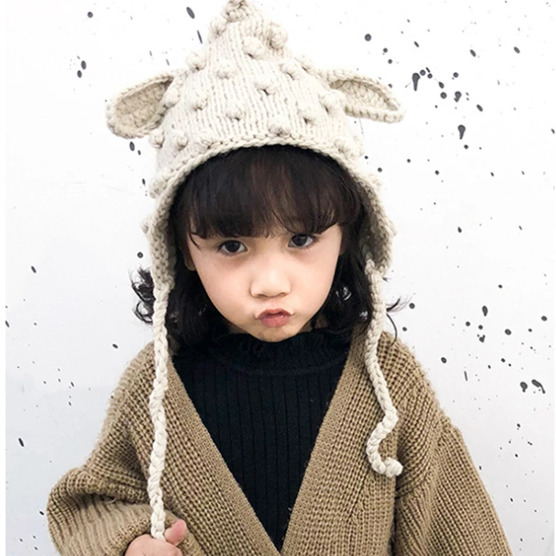

Cute Warm Lace Up Baby Bonnet Winter Autumn Cotton Knitted Baby Hat For 6-36 Months Girls Boys Warm Kids Caps