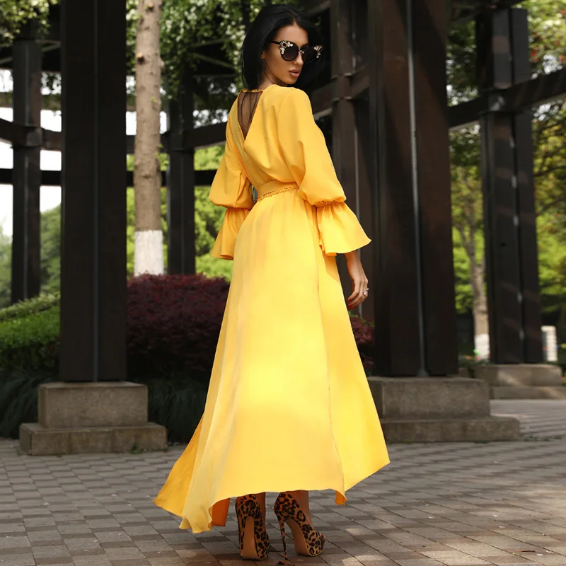 Женское облегающее платье с v-образным вырезом и длинным рукавом желтое для