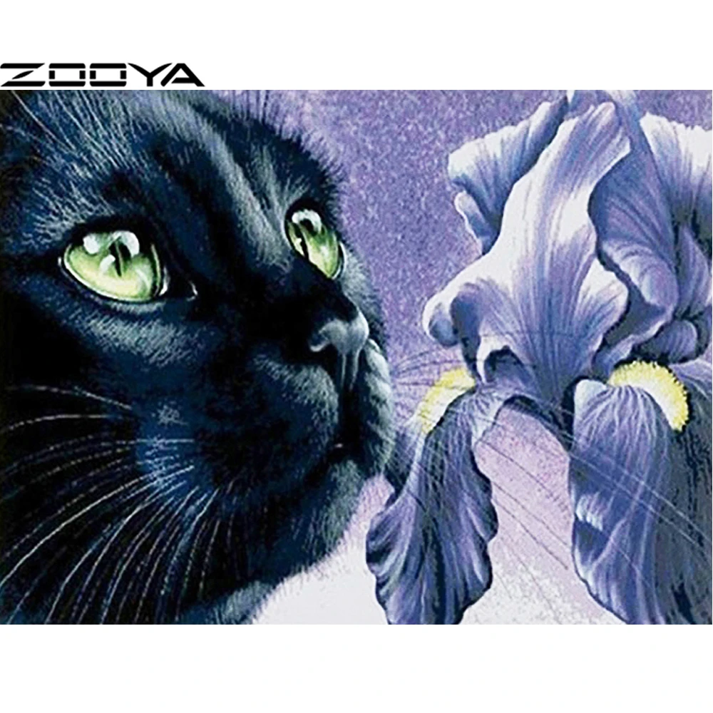 

ZOOYA Diamond Embroidery Black Cat Flower 5D DIY Diamond Painting Cross Stitch Full Round Rhinestone Mosaic Home Decoration R959