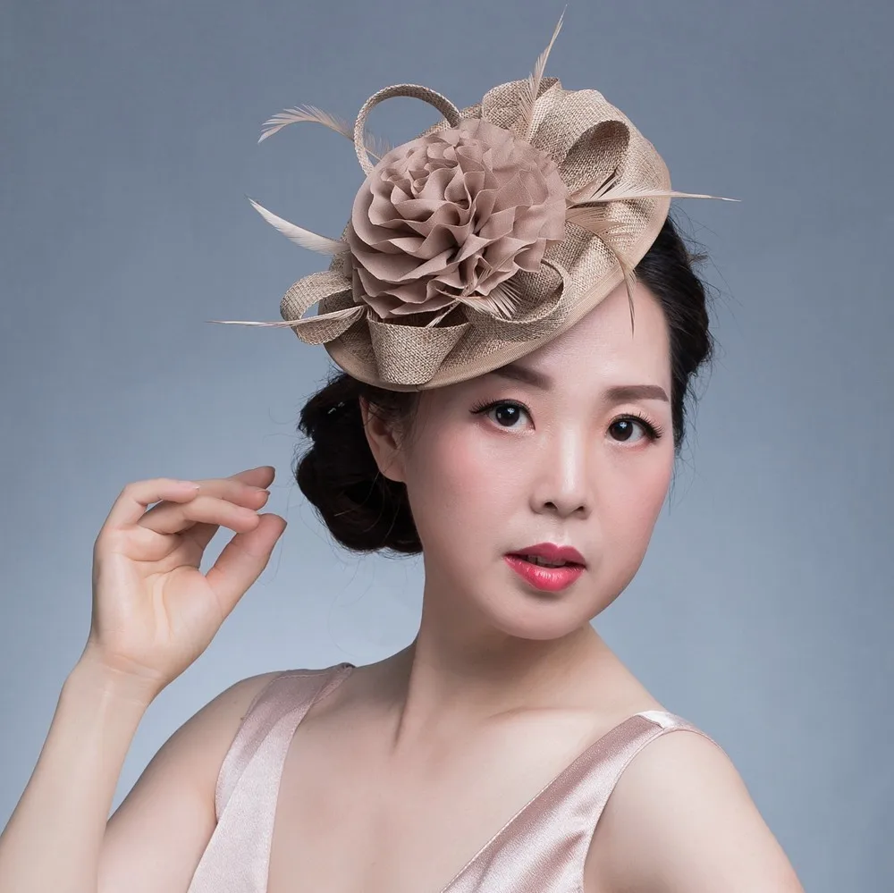 Хаки Women Chic Fascinator Hat Cocktail Wedding Party Church Headpiece kentucky Headwear Feather Hair Accessories Sinamay Fascinators - Цвет: Хаки
