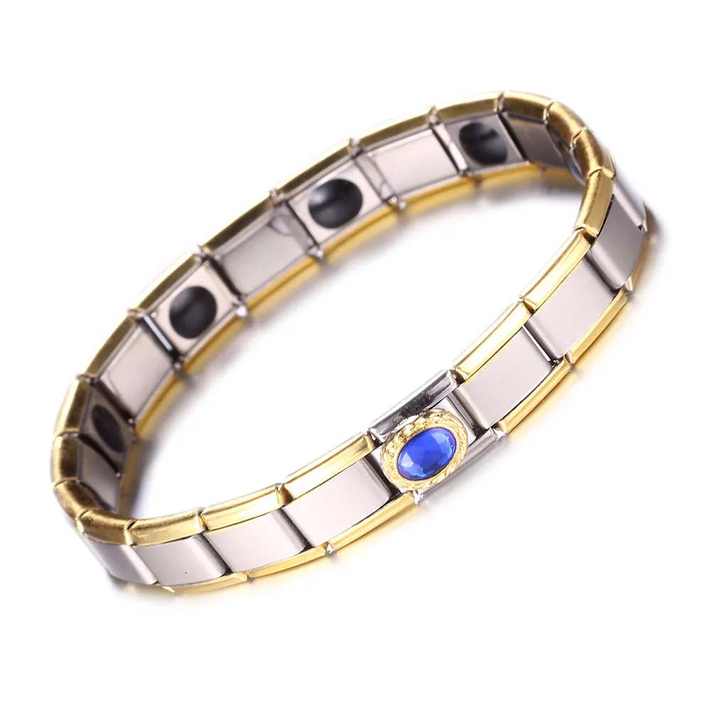 Gold-blue Дизайн эластичный квадратный звено цепи германий энергии здоровья Стразы кристаллический Магнитный браслет для мужчин женщин подарок ювелирные изделия - Окраска металла: Gold-blue