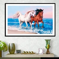 5d diy full square diamond painting horse pic white and brown by the sea cross stitch diamond embroidery rhinestone home decor