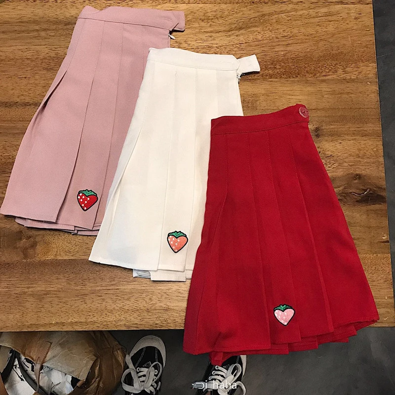 Harajuku Kawaii/Милая юбка ulzzang Корейская плиссированная с вышивкой клубники для