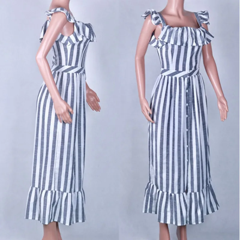 Новый летний Boho Стиль длинное платье Для женщин сексуальная оборками и пуговицы