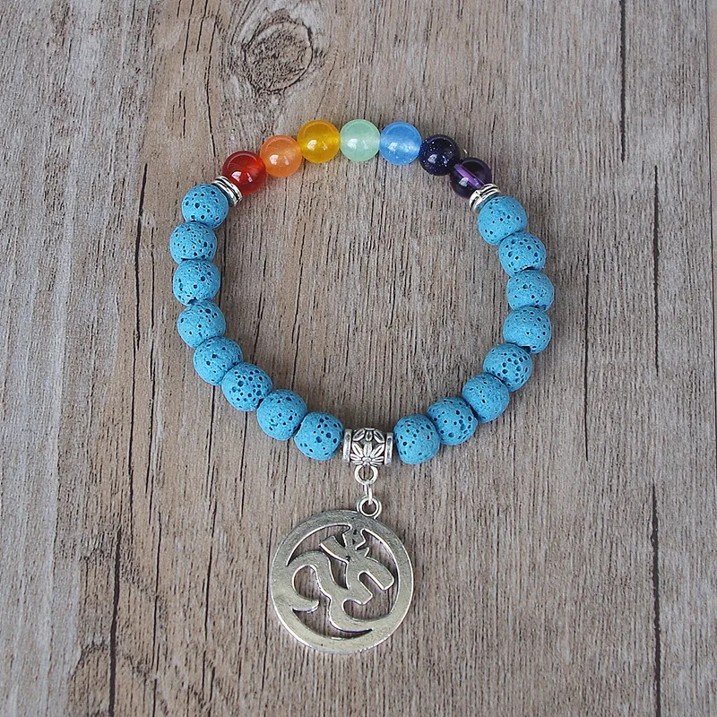 Seven Chakra браслет голубая Лава Рок Исцеление йогой рейки моли Ом мала Шарм 7 Чакра