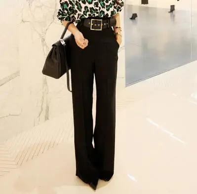 Black-with sashes Женские брюки размера плюс S-2XL, новинка, женские широкие брюки для офиса, высокая талия, женские прямые свободные черные OL брюки,, B7N907A - Цвет: Black-with sashes