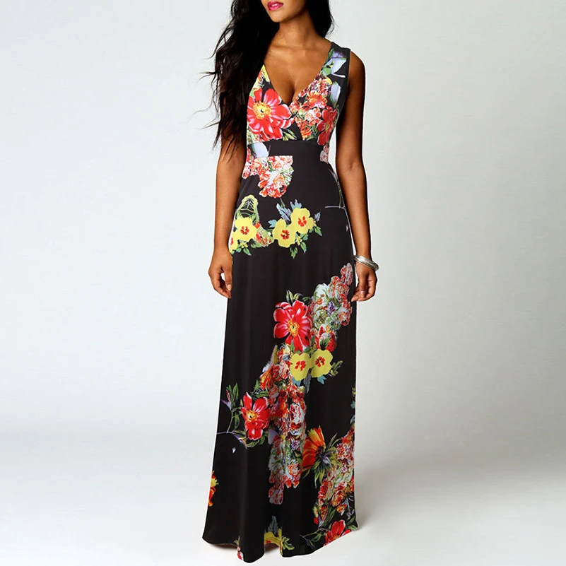 Для женщин без рукавов длинное платье Boho Лето V шеи цветочные Танк Fit and Flare чешские