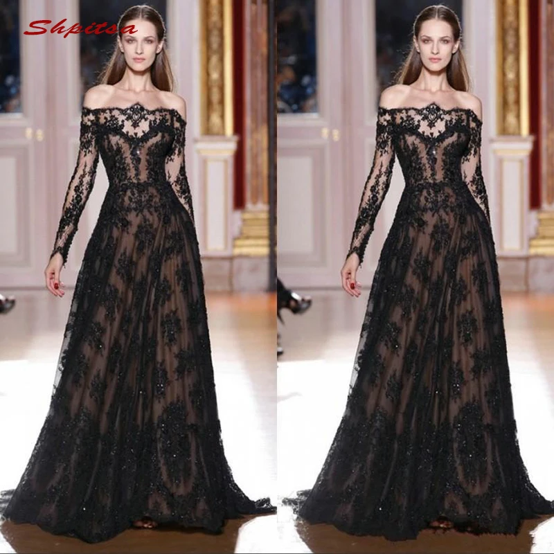 

Black Long Sleeve Lace Evening Dresses Party Sequin Off Shoulder Plus Size Ladies Women Formal Dresses Evening Gown