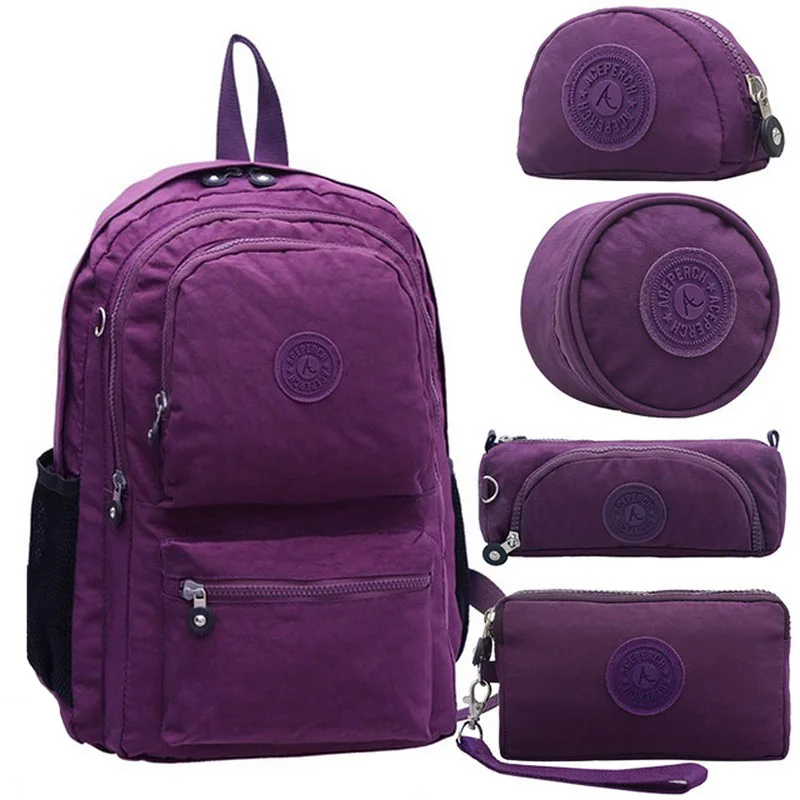5 pieces Purple ACEPERCH Повседневный школьный рюкзак для девочек-подростков, женские рюкзаки, нейлоновый рюкзак для ноутбука, женский рюкзак - Color: 5 pieces Purple