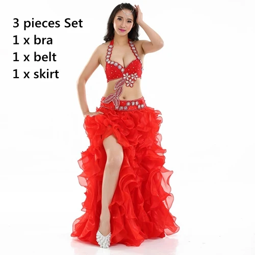 Red 3pcs suit Профессиональный живота Танцы костюм комплект стразы бюстгальтер B/C Кубок с волнообразной юбкой Египет живота Танцы наряды - Цвет: Red 3pcs suit