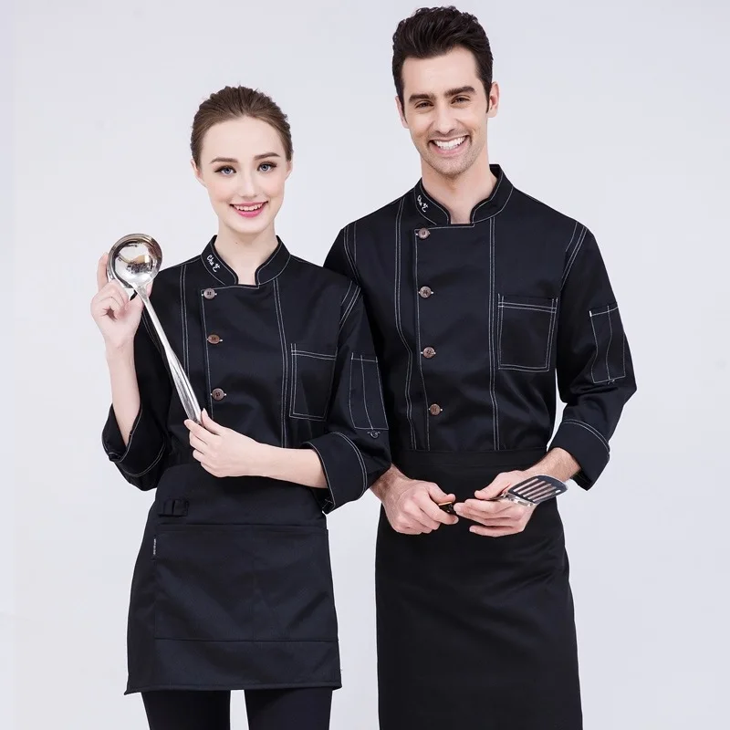 

Chef Wearing Long-sleeved Hotel Cook Uniform Cake Room Noodle Kitchen Men Women Canteen Work Clothes Plus Size Jacket H2005