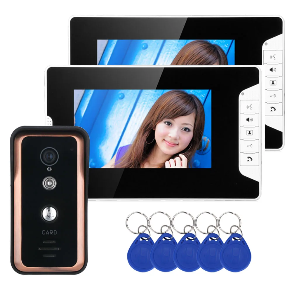 

2 Monitor 7 inch Color Video Intercom Door Phone System With RFID Card Reader HD Doorbell 1000TVL IR-CUT Camera