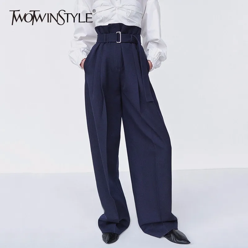 TWOTWINSTYLE брюки с поясом женские Высокая Талия Ruched большие длинные широкие 2019