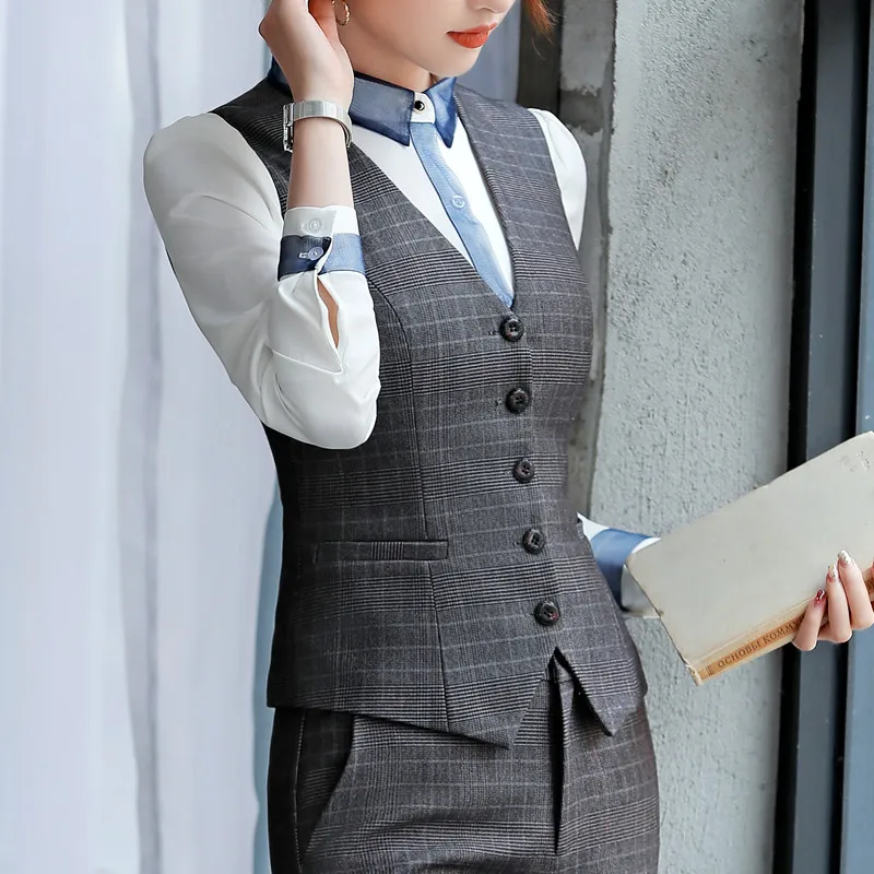 Brown plaid Vest Весна клетчатый жилет для женщин OL мода формальный V образным вырезом тонкий жилет пальто Офис Леди Бизнес интервью размера плюс Рабочая форма - Цвет: Brown plaid Vest