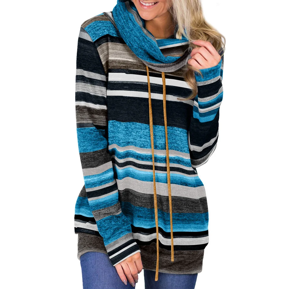 Fashion Women Long Style Pullovers with Pockets Multicolor Autumn Sleeve Striped Drawstring Sweatshirts Tops Streetwear | Женская одежда