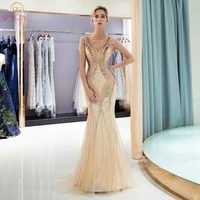 gold mermaid evening dresses 2019 new hot sale elegant beading sequined tulle party dress illusion long sexy prom formal gowns