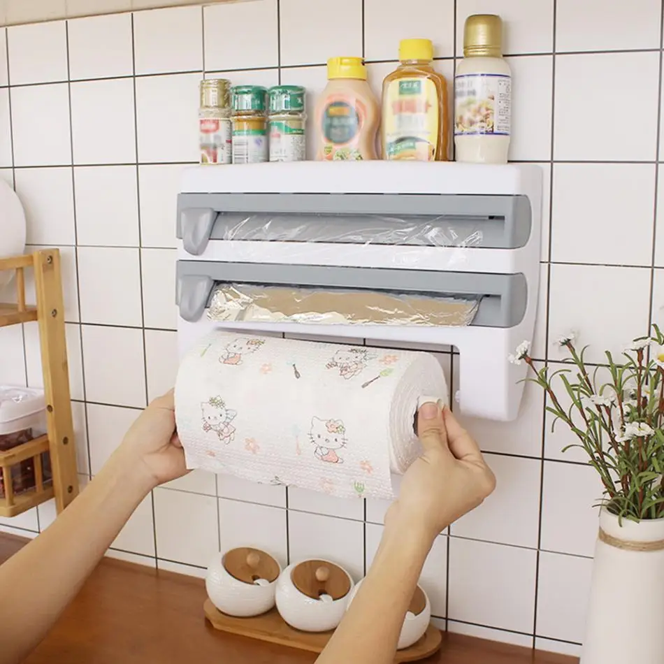 

Wall-Mount Sauce Bottle Storage Rack Paper Towel Holder Preservative Film Dispenser Kitchen Organizer