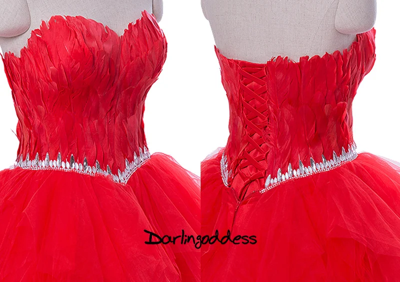 Darlingoddess халат De Soiree Longue пикантные короткое спереди и длинное сзади Вечерние платья без бретелек Перо Красные, Черные Серые белый платье для выпускного вечера