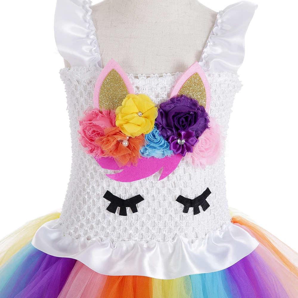 Girl Flower Unicorn Kid's Tutu Dress Rainbow Baby Kids Short Birthday Party Dresses Halloween Purim Carnival | Детская одежда и