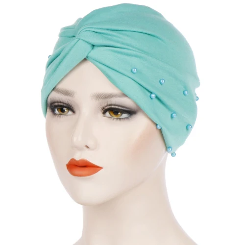 Light Blue HT2403 головной убор в Индийском Стиле Мусульманских рюшами Рак химиотерапия шляпа сезон: весна-лето бусины Beanie шарф тюрбан шапочка шапки для женщин Skullies шапочки - Цвет: Light Blue