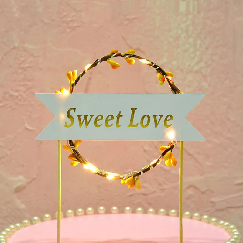 Светодиодная светящаяся Цветочная Гирлянда Sweet Love венок для торта Топпер флаг