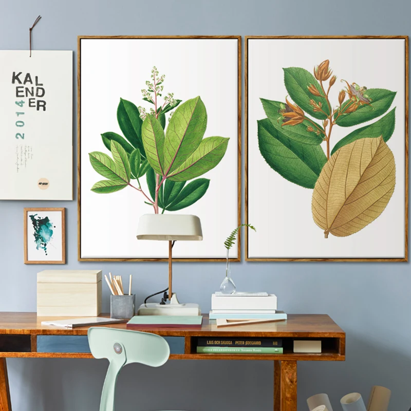 Акварель зеленые листья цветы растения коттедж холст печатный плакат
