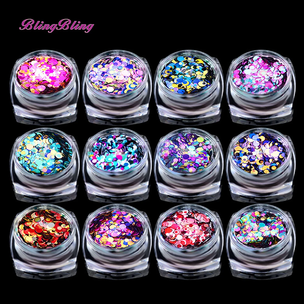 12 Box Красочные Блеск Shimmer лазерной круглой формы ногтей Конфетти украшения